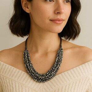 Pewter Colored Braided Multi Strand Beaded Necklace with Bead and Loop Closure
